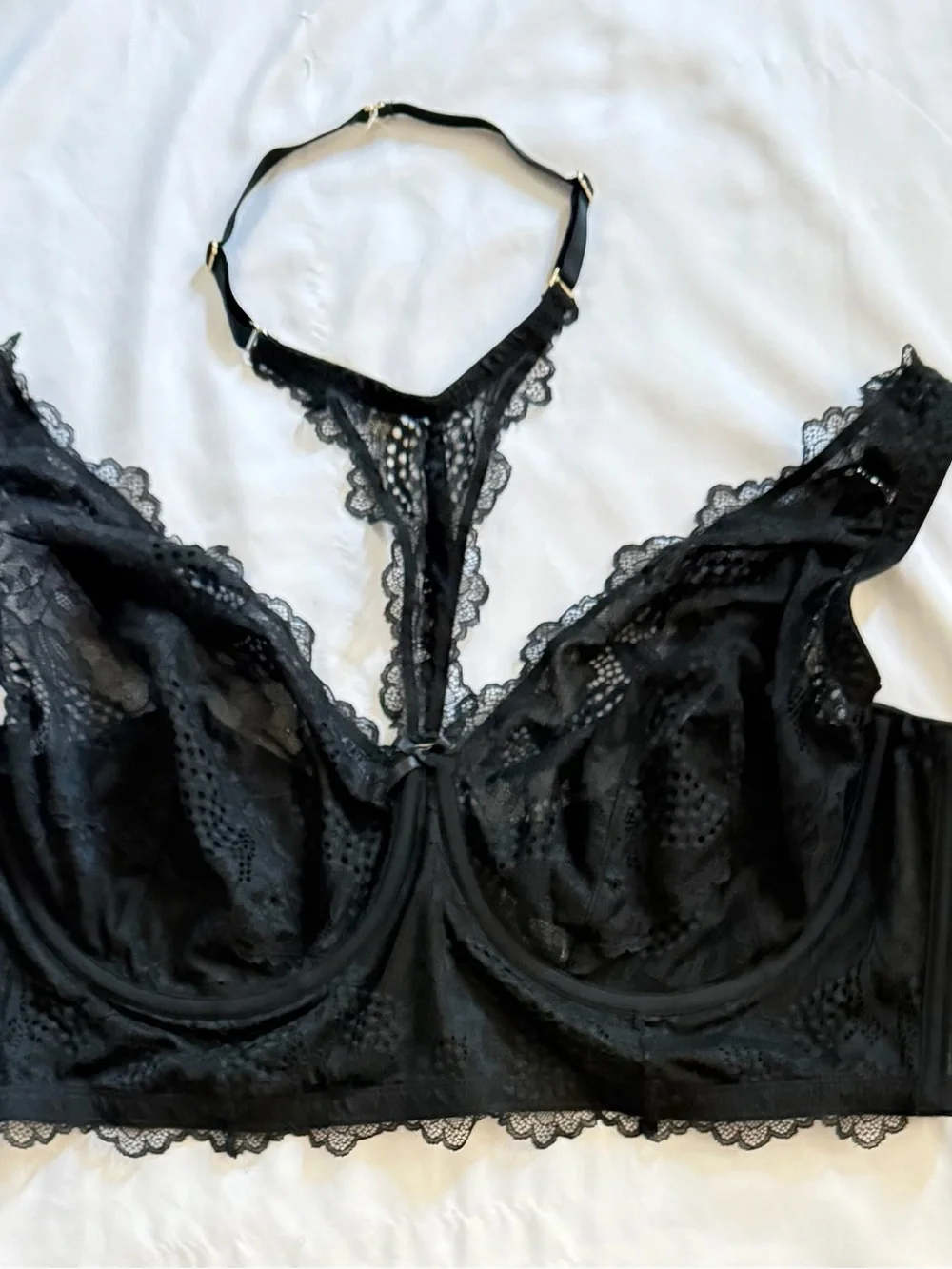 Cacique Black Lace Longline Balconette Bralette with Halter Accent